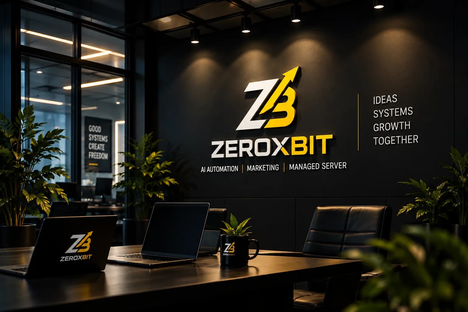 The ZeroxBit office, with the logo lit on the wall above the workstations
