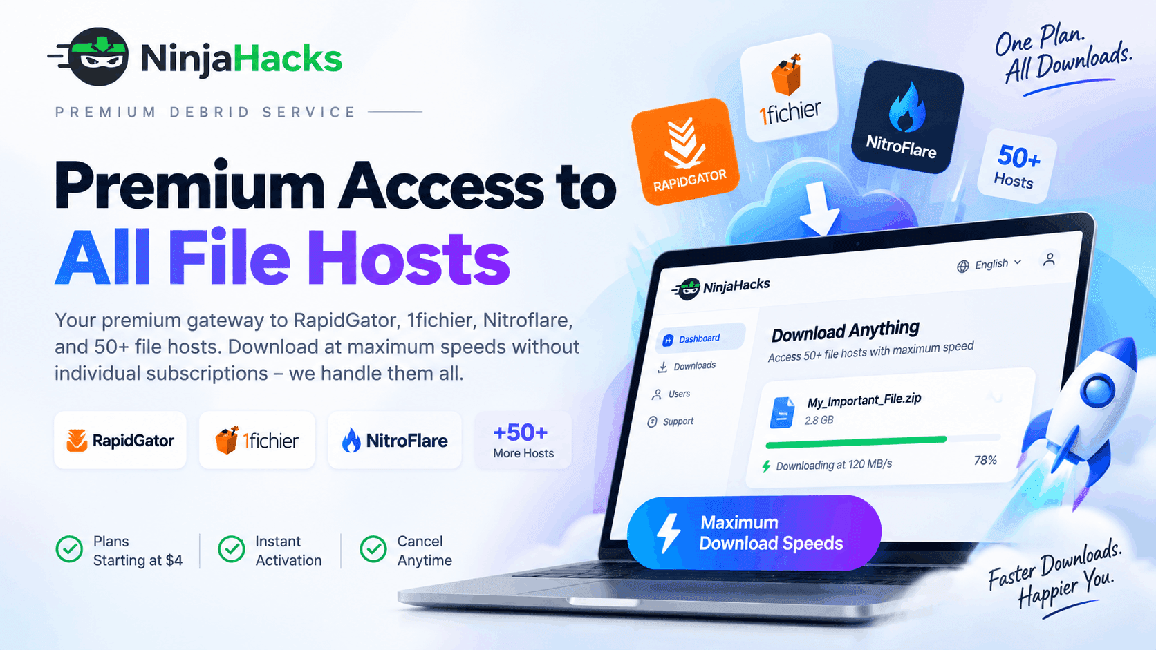 Conversion-focused marketing site for a premium multi-host debrid service.