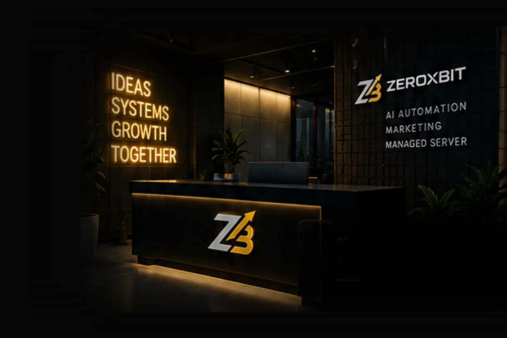 The ZeroxBit reception, with 'Ideas, Systems, Growth, Together' lit on the wall